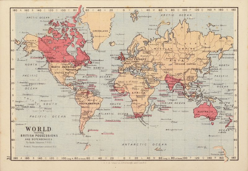 El mundo muestra las posesiones y dependencias británicas (litografía en color) de English School