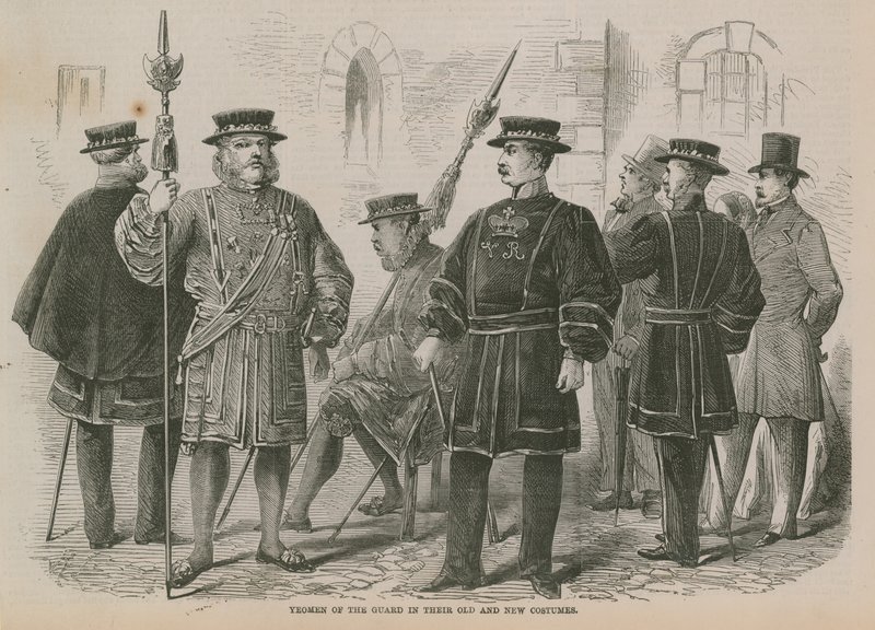 Yeomen de la Guardia con sus uniformes antiguos y nuevos de English School