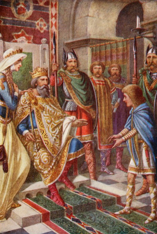 El joven Edwin y el rey de los ángeles orientales (litografía en color) de English School