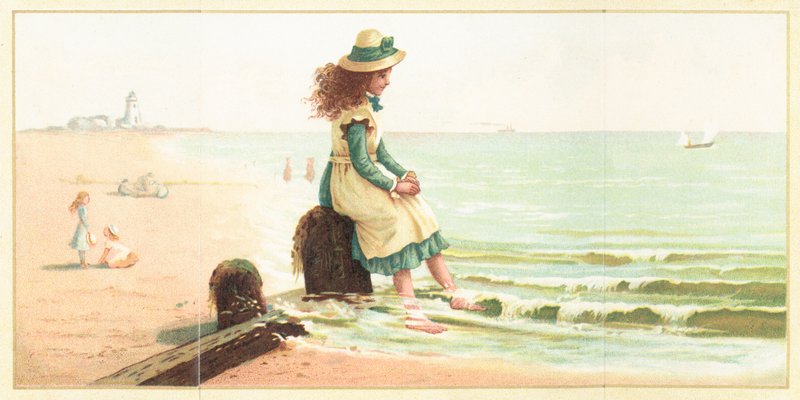 Niña chapoteando los pies en el mar de English School