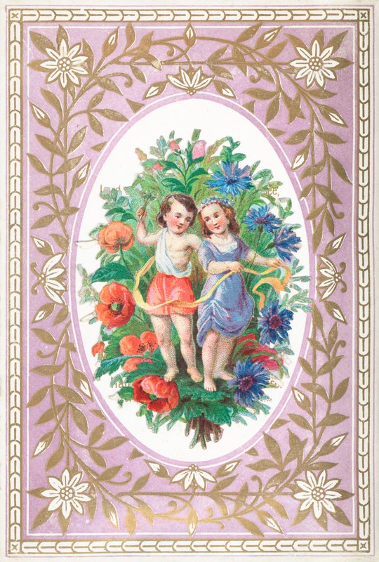 Niña y niño con flores y cintas de English School