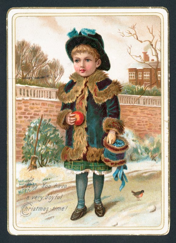 Niña con manguito de piel y manzana, tarjeta de Navidad de English School