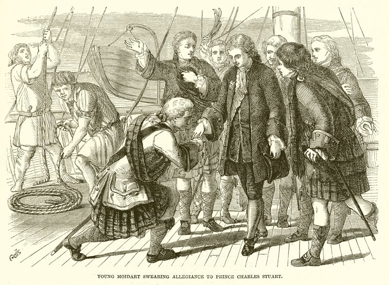 El joven Moidart jurando lealtad al príncipe Carlos Stuart de English School