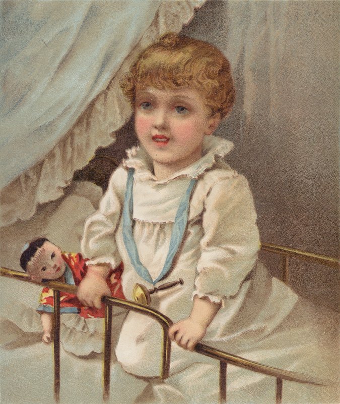 Niño pequeño en una cuna (cromolito) de English School