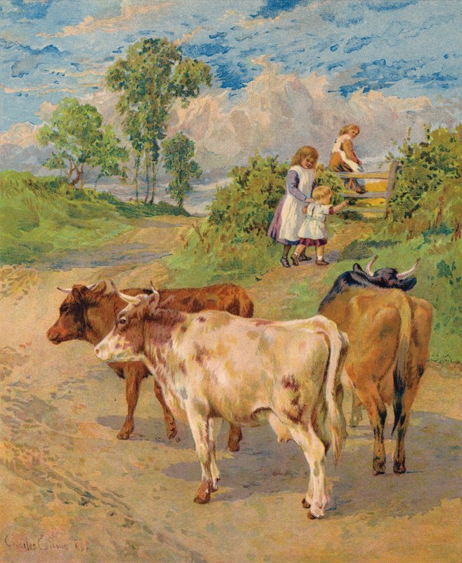 Niños pequeños y ganado (litografía en color) de English School