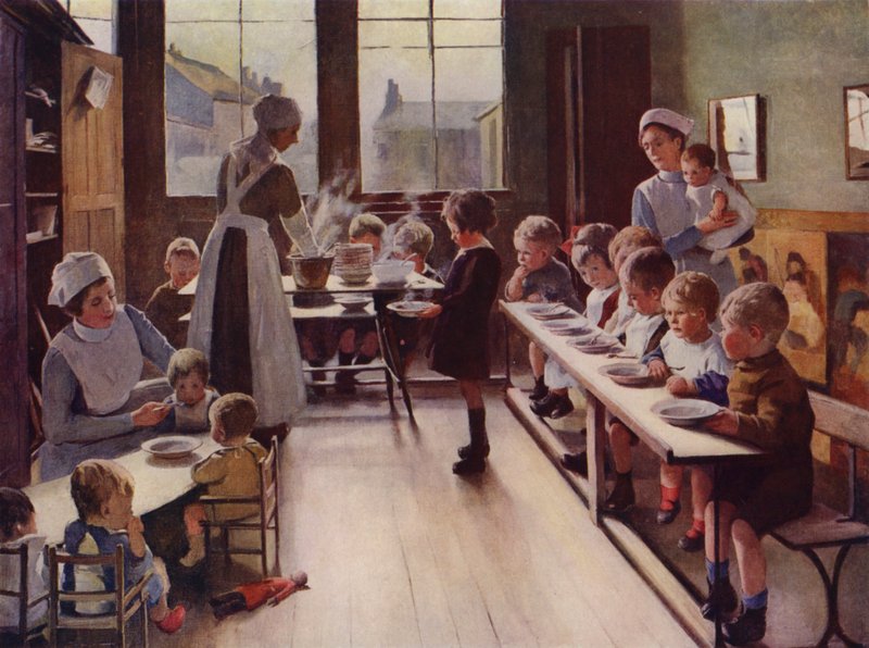 Niños pequeños a la hora de comer en una guardería (litografia en color) de English School