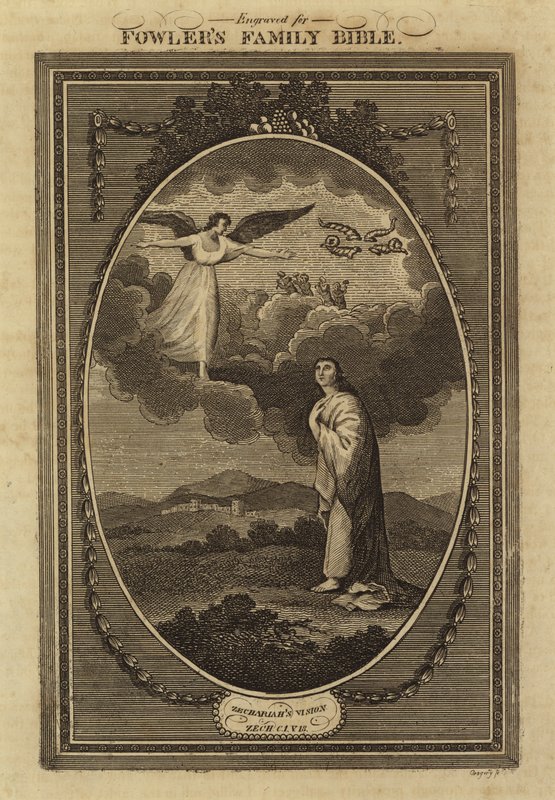 La visión de Zacarías, Zacarías, capítulo 1, versículo 18 (grabado) de English School