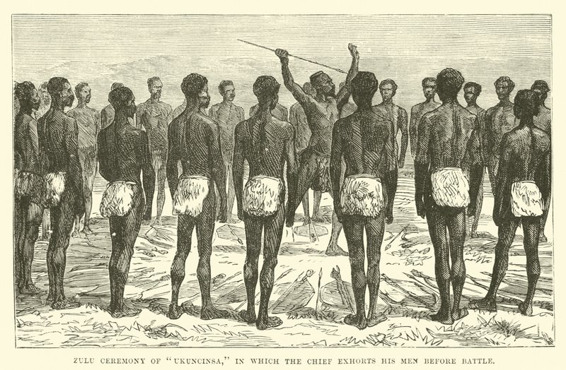 Ceremonia zulú de Ukuncinsa, en la que el jefe exhorta a sus hombres antes de la batalla de English School