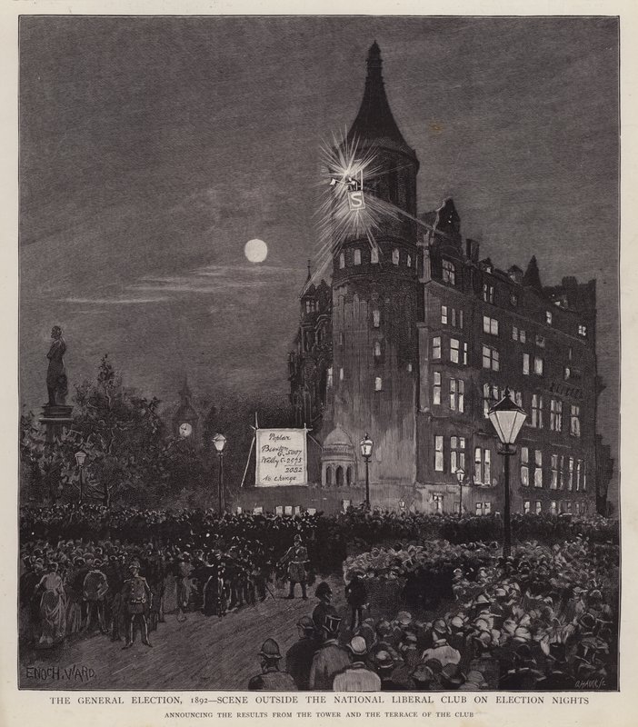 Anuncio de los resultados de las elecciones generales de 1892 desde el Club Liberal, Westminster, Londres de Enoch Ward