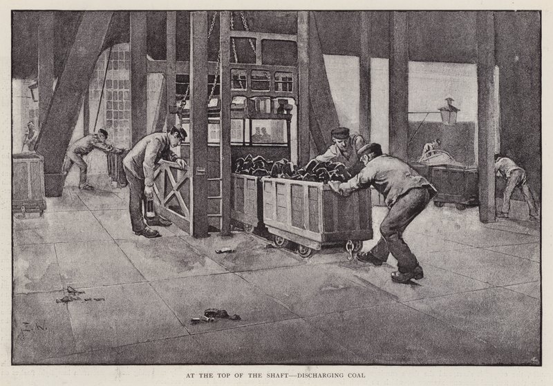 Descargando carbón en la parte superior de un pozo de mina de Enoch Ward