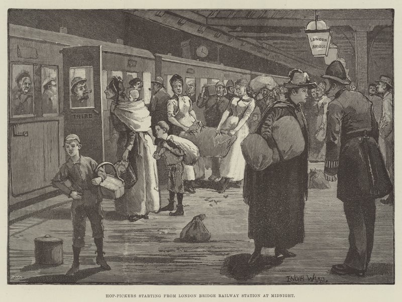 Recolectores de lúpulo partiendo de la estación de tren de London Bridge a medianoche de Enoch Ward