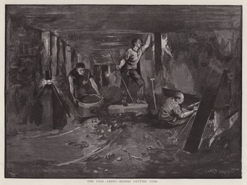 Mineros trabajando bajo tierra en la cara del carbón de Enoch Ward