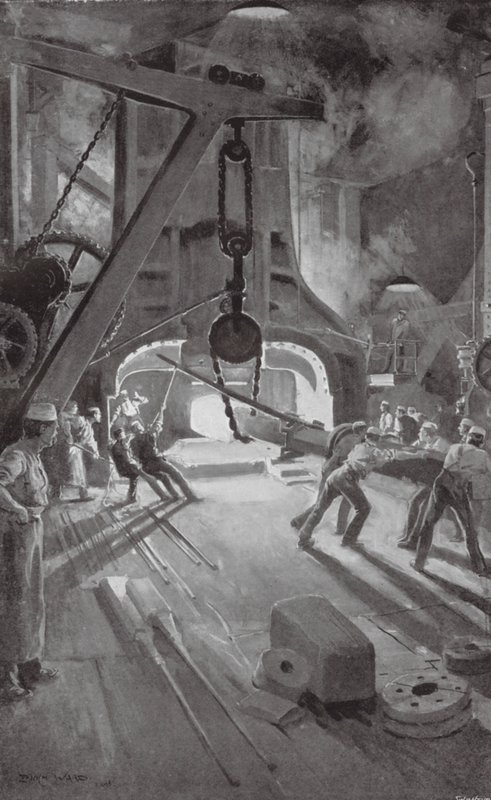 El martillo de vapor de 40 toneladas trabajando en el Arsenal de Woolwich (litografía) de Enoch Ward