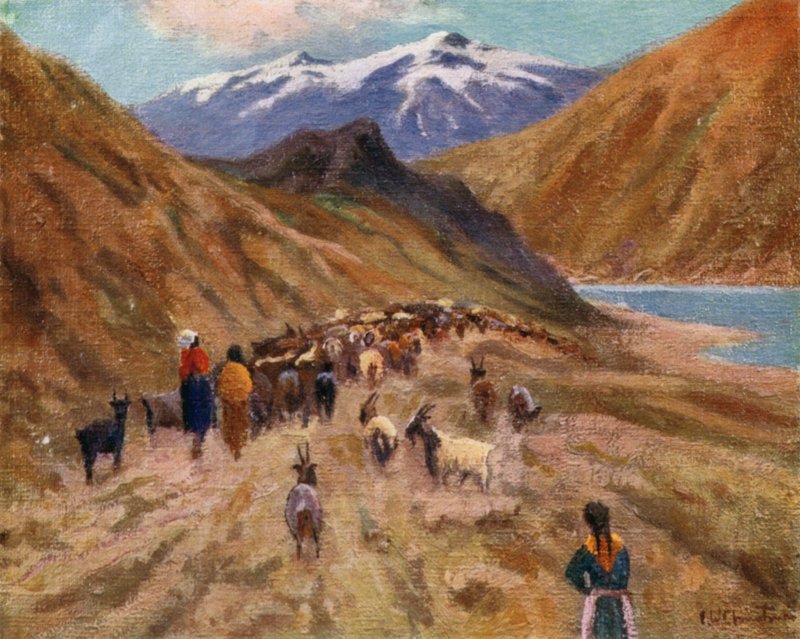 Niñas indígenas llevando a casa sus rebaños de cabras de Ernest William Christmas