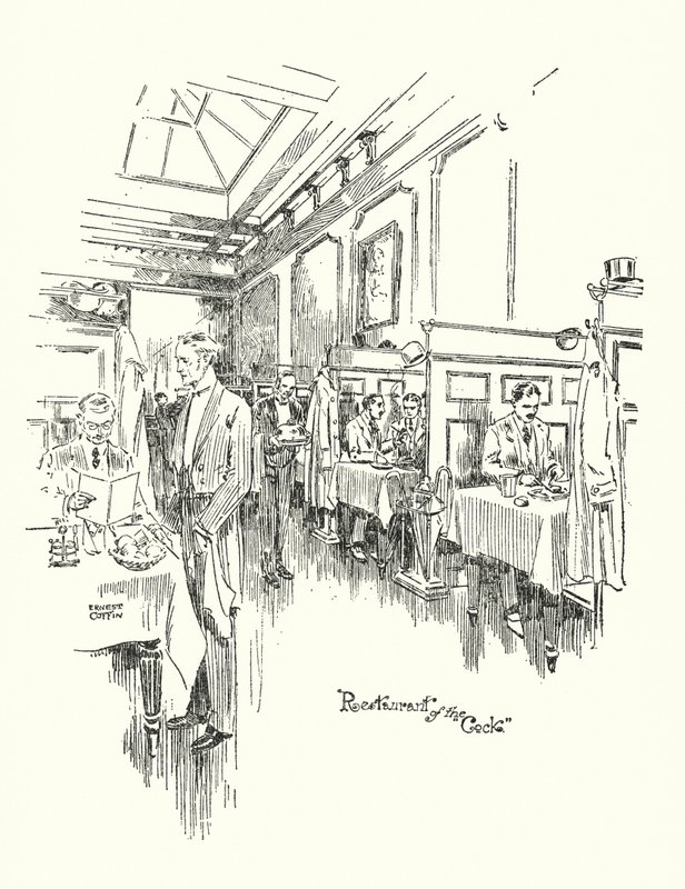 El viejo Londres: Restaurante de la Cock Tavern (litografía) de Ernest (after) Coffin