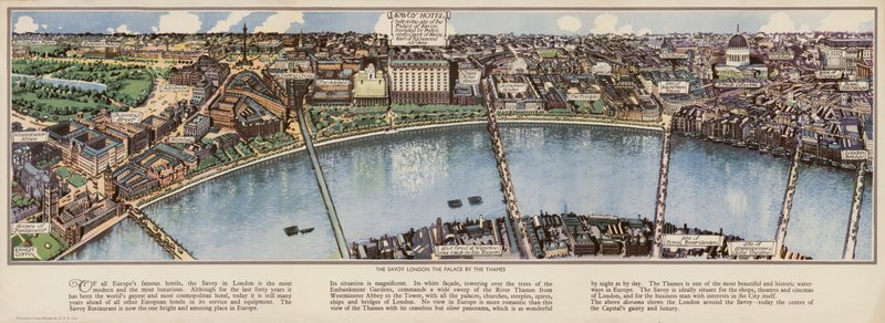 Plano a vista de pájaro del Hotel Savoy de Londres, c 1940. (litografía en color) de Ernest (after) Coffin