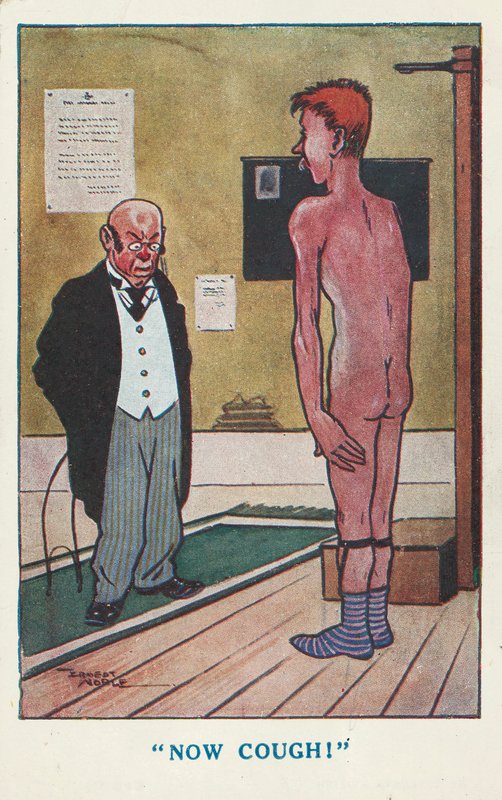 Doctor pidiendo a un hombre desnudo que tosa durante un examen médico (litografía en color) de Ernest (after) Noble