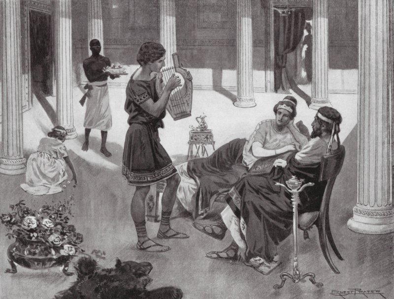 Interior de una casa griega, siglo IV a.C. (litografía) de Ernest (after) Prater
