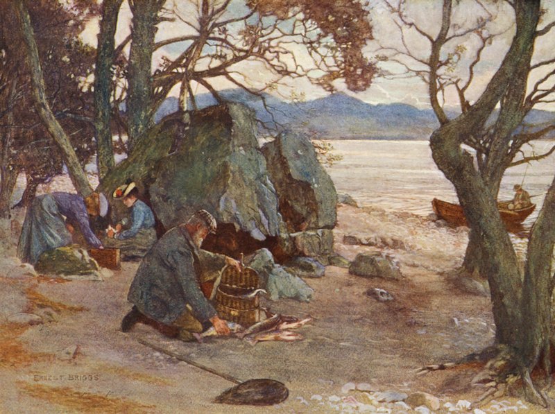 Hora de comer en Loch Awe (litografía en color) de Ernest Edward Briggs