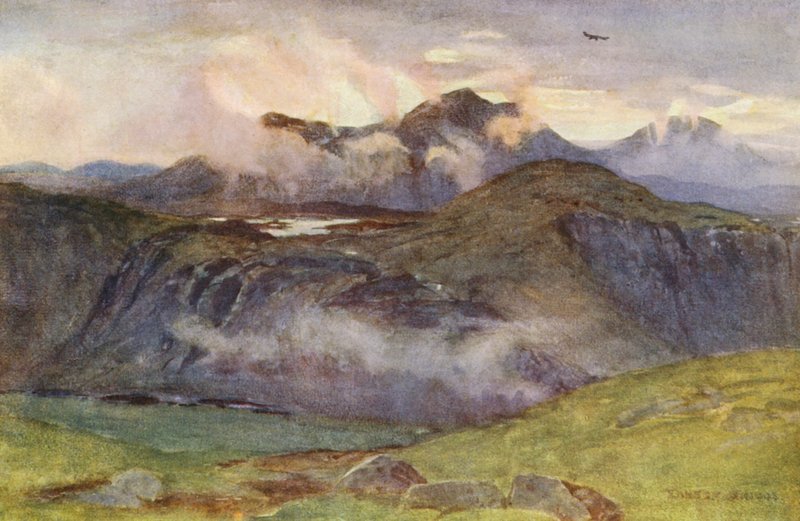 Merrick y Loch Enoch desde la cumbre de Corscrine (litografía en color) de Ernest Edward Briggs