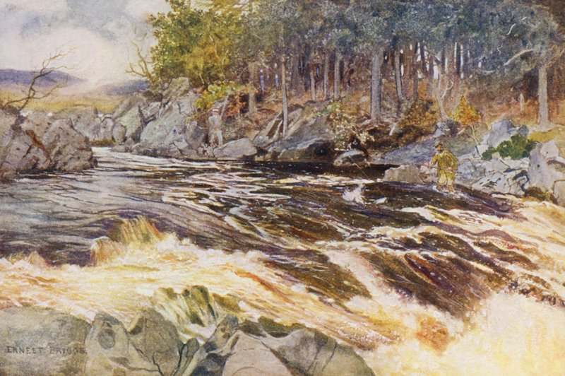 La pesca del salmón en el Ken, un momento crítico (litografía en color) de Ernest Edward Briggs