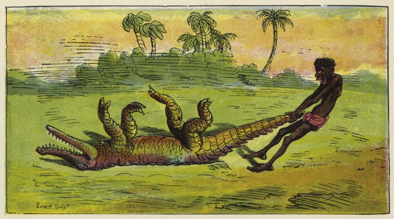 Hombre Ashanti arrastrando un cocodrilo dormido por la cola de Ernest Henry Griset