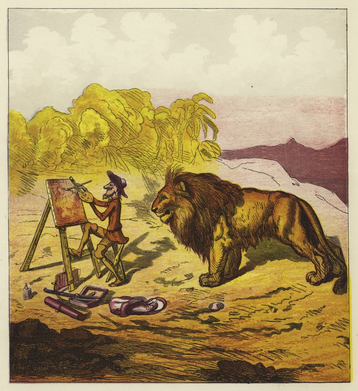 John Bold sorprendido por un león mientras pintaba de Ernest Henry Griset