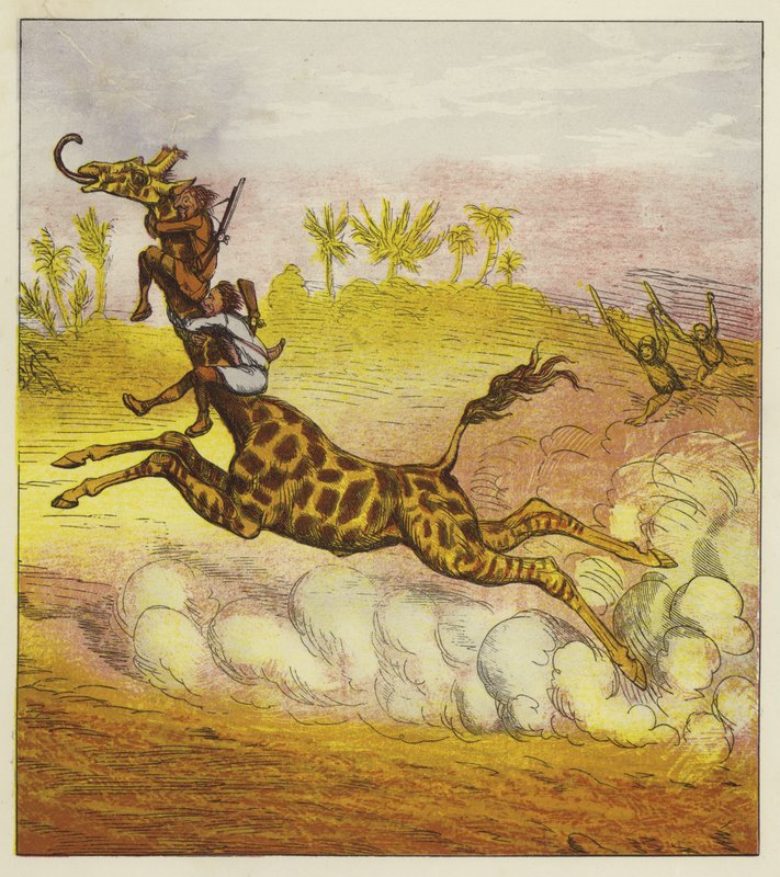 Los Hermanos Valientes escapan de los gorilas montando una jirafa de Ernest Henry Griset