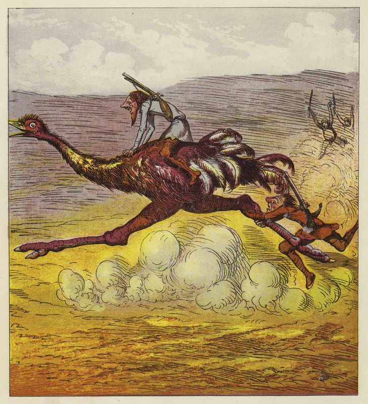 Los Hermanos Valientes escapan de los gorilas montando un avestruz de Ernest Henry Griset