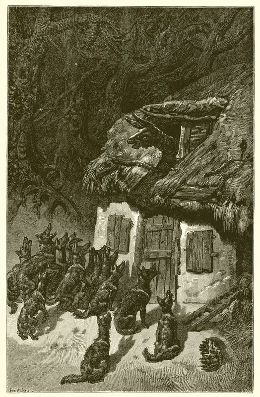 Los lobos y el asno enfermo de Ernest Henry Griset
