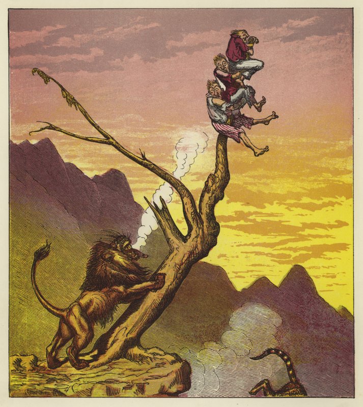 Los tres marineros escapan de un león trepando a un árbol de Ernest Henry Griset