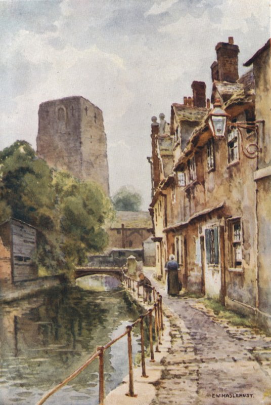 Fisher Row y restos del castillo de Oxford (litografía en color) de Ernest William Haslehust