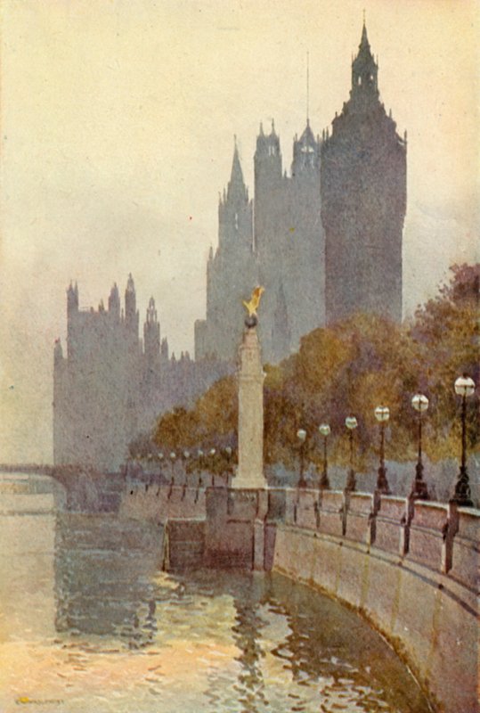 Las Casas del Parlamento desde el Terraplén (litografía en color) de Ernest William Haslehust