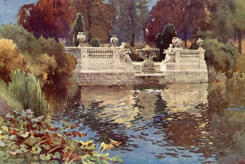 Fuente de Lancaster Gate, Jardines de Kensington (litografía en color) de Ernest William Haslehust