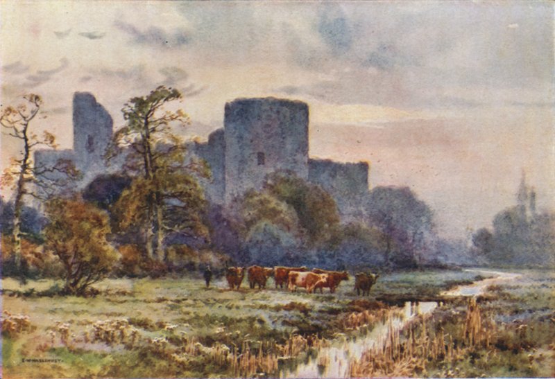 Castillo de Pevensey desde los Meadwos (litografía en color) de Ernest William Haslehust