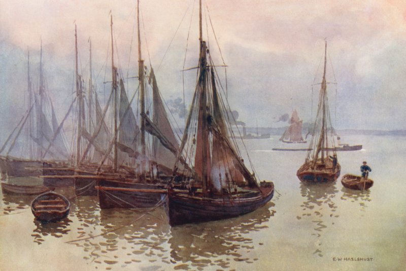 Río Támesis: The Shrimping Fleet, Gravesend (litografía en color) de Ernest William Haslehust