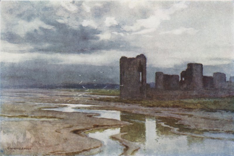 Sands of Dee, Flint Castle (litografía en color) de Ernest William Haslehust