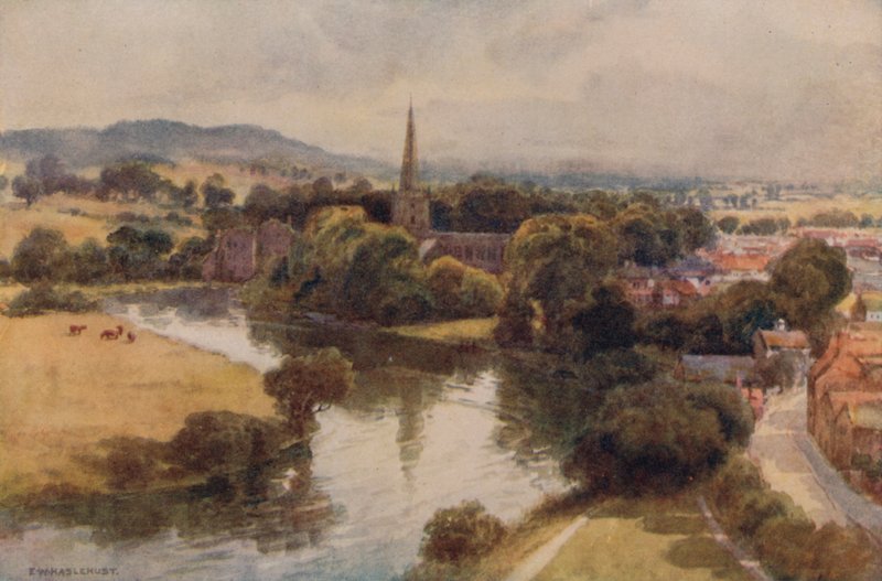 Stratford-on-Avon desde el Memorial Theatre (litografía en color) de Ernest William Haslehust