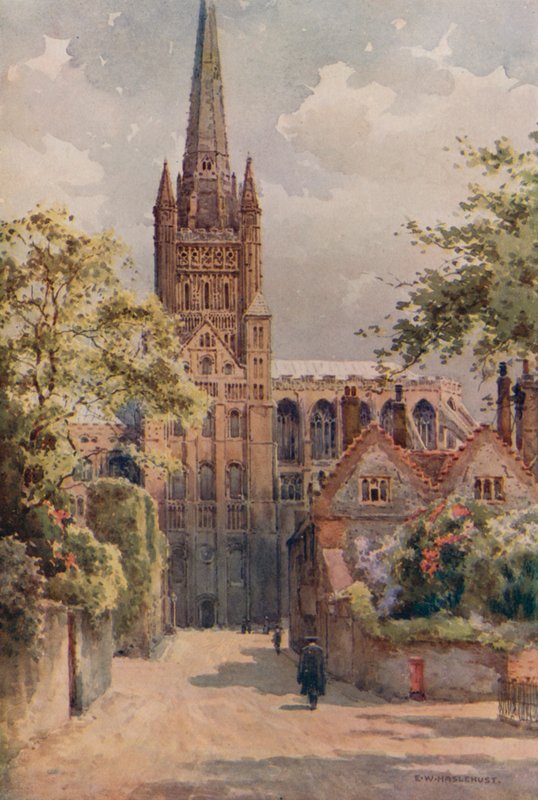 El recinto de la catedral, Norwich (litografía en color) de Ernest William Haslehust