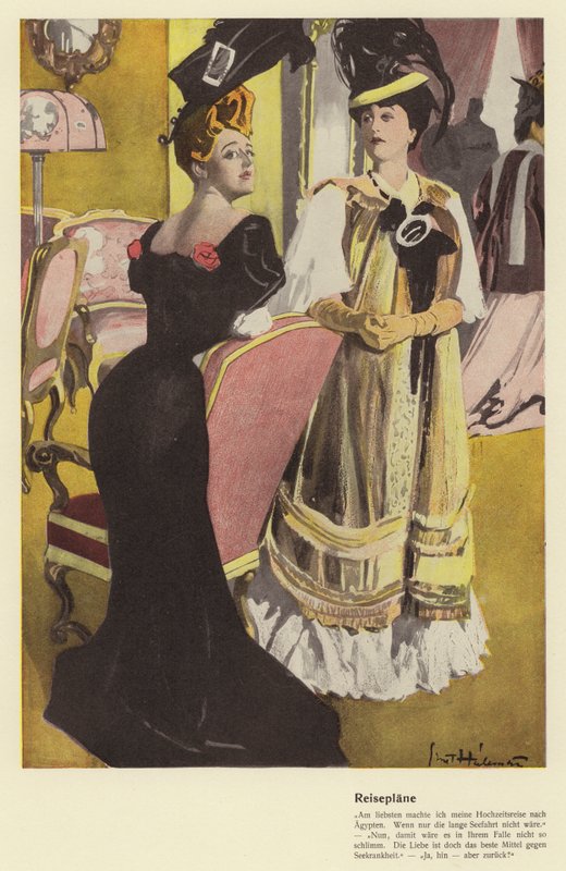 Dos mujeres discutiendo planes de viaje de vacaciones (litografia de color) de Ernst (after) Heilemann