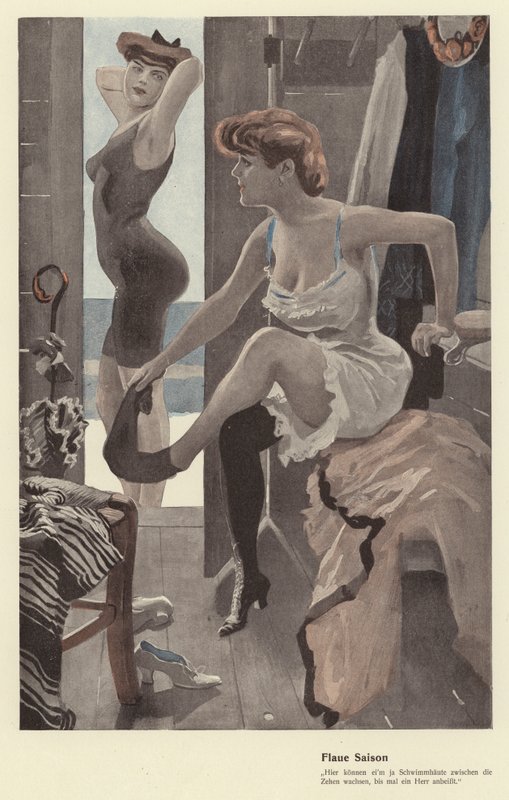 Dos mujeres en el vestuario de un baño (litografía en color) de Ernst (after) Heilemann