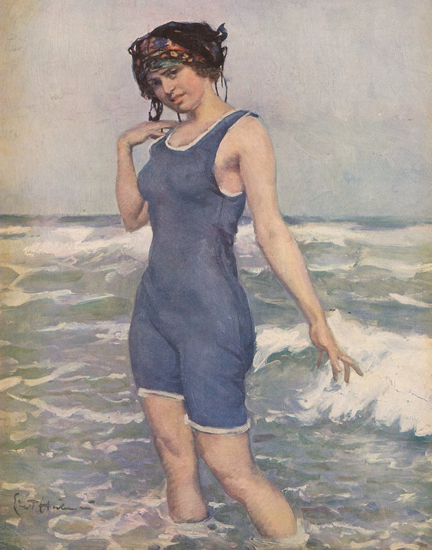 Mujer bañándose en el mar (litografia en color) de Ernst (after) Heilemann