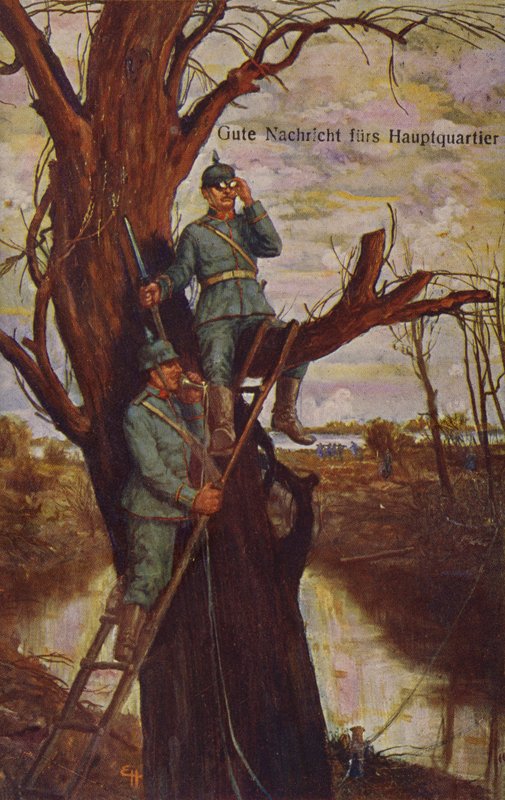 Buenas noticias para el cuartel general, soldados alemanes observando el campo de batalla y reportando al cuartel general vía teléfono de campaña, Primera Guerra Mundial, 1915 de Ernst Heilemann