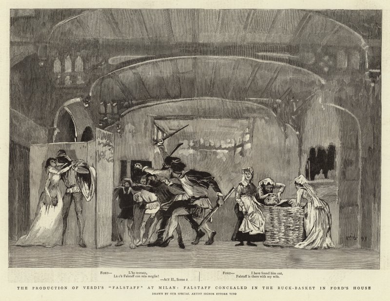 La producción de Falstaff de Verdi en Milán, Falstaff oculto en la cesta de la ropa en la casa de Ford de Ettore Tito