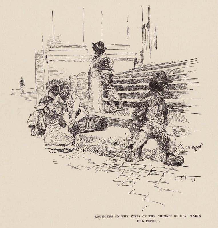 Tumbonas en la escalinata de la iglesia de Santa Maria del Popolo (grabado) de Ettore Tito