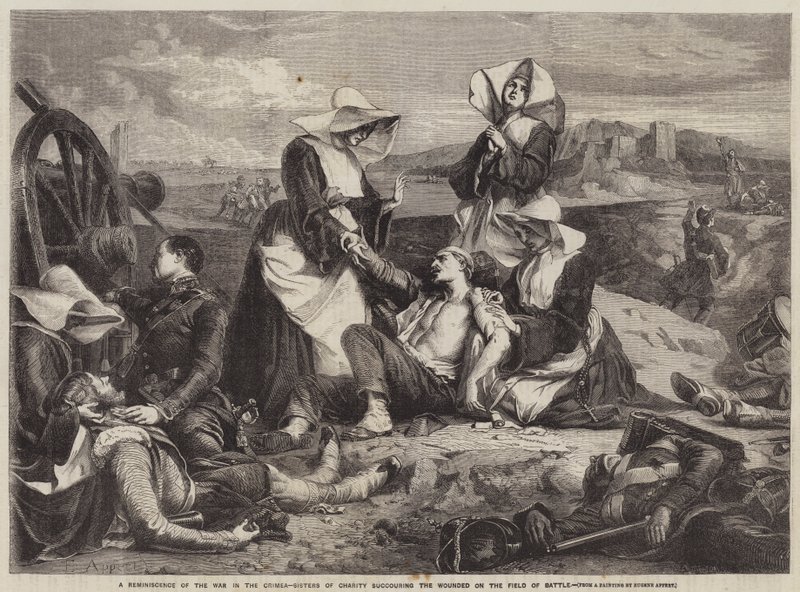Una reminiscencia de la guerra en Crimea, hermanas de la caridad socorriendo a los heridos en el campo de batalla de Eugene Appert
