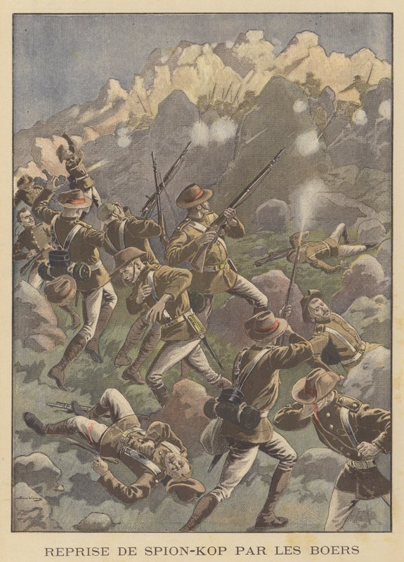 Batalla de Spion Kop, Sudáfrica (litografía en color) de Eugene Damblans