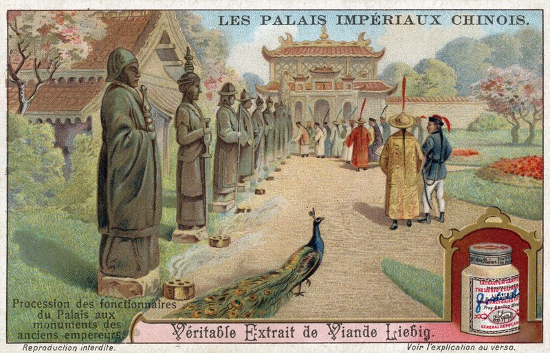 Funcionarios del palacio visitando las estatuas de antiguos emperadores, China de European School
