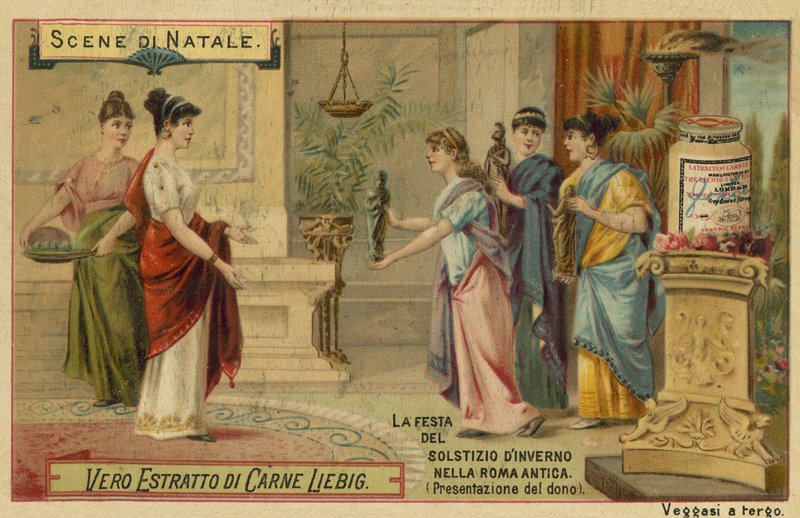 Presentando un regalo, festival del solsticio de invierno en la antigua Roma de European School