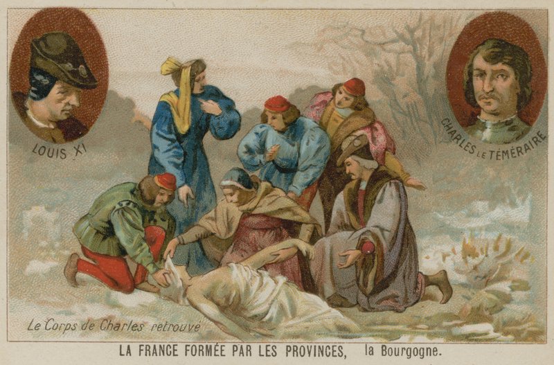 Recuperación del cuerpo de Carlos el Temerario, Duque de Borgoña, después de la Batalla de Nancy, 1477 de European School
